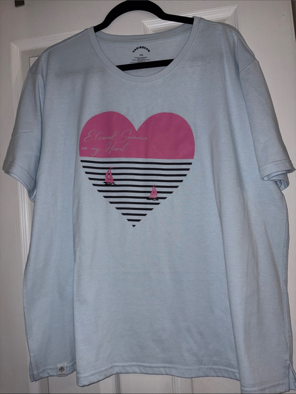 Caribbean Light Blue Tee with Pink Heart & Black Stripes